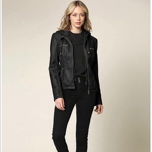 Vegan leather moto jacket. Detachable hood.